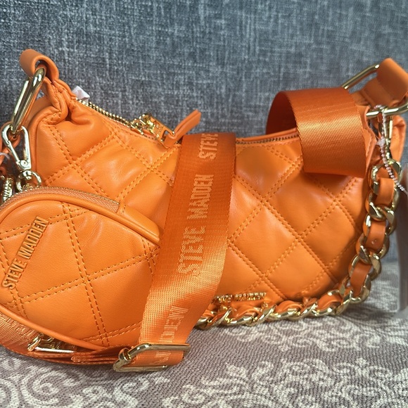 Steve Madden Orange Quilted Shoulder Bag with Luxe Chain Vegan NWT - Picture 5 of 7